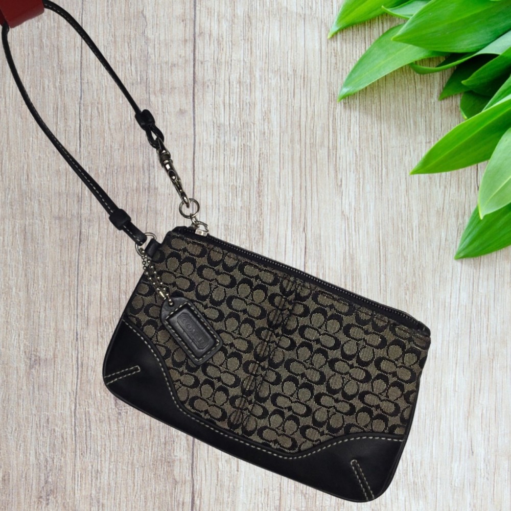 Coach Black VTG 2000's Canvas Logo Monogram Zip Wristlet Women Mini Wallet UEC